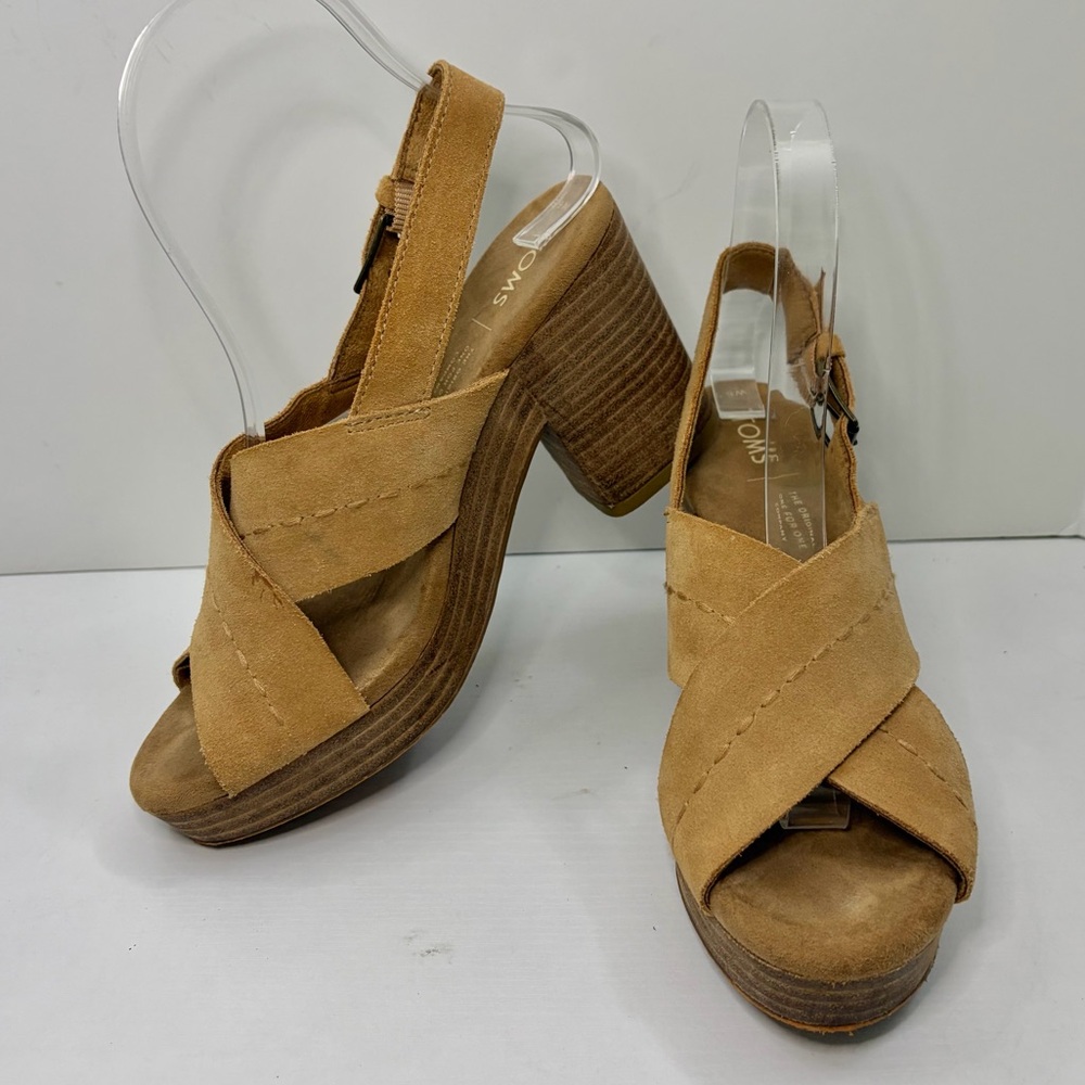 TOMS Ibiza Honey Suede Tan Platform Heel Sandals Size 6 1/2